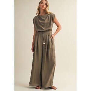 Relaxed Slub Sleeveless Jumpsuit S-L -ASH BROWN